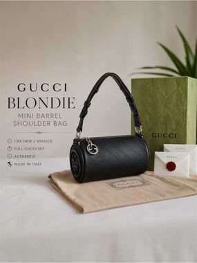 Gucci Blondie Mini Barrel Shoulder Bag Black Matelassé Leather Like New Full Set